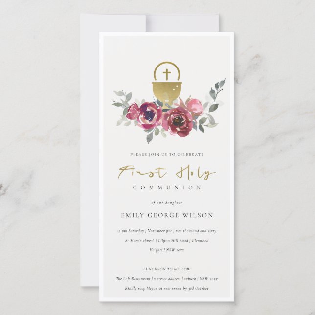 BURGUNDY GOLD FLORAL ERSTER HOLY COMMUNION INVITE DANKESKARTE (Vorderseite)