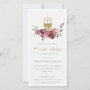 BURGUNDY GOLD FLORAL ERSTER HOLY COMMUNION INVITE DANKESKARTE
