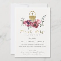 BURGUNDY GOLD FLORAL ERSTER HOLY COMMUNION INVITE