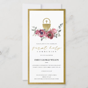 BURGUNDY GOLD FLORAL ERSTER HOLY COMMUNION INVITE DANKESKARTE