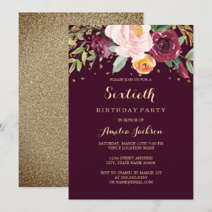 Burgundy Gold Floral Glitzer 60. Geburtstagsparty Einladung