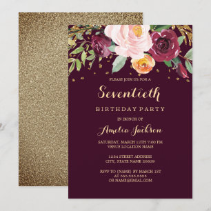 Burgundy Gold Floral Glitzer 70. Geburtstagsparty Einladung