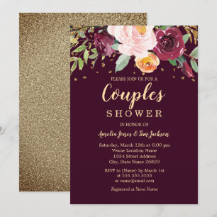 Burgundy Gold Floral Glitzer Couples Dusche Einladung