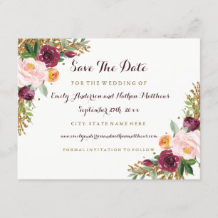 Burgundy Gold Floral Glitzer Hochzeit speichern da Save The Date