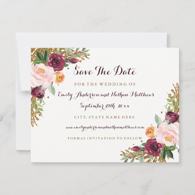 Burgundy Gold Floral Glitzer Hochzeit speichern da Save The Date (Vorderseite)