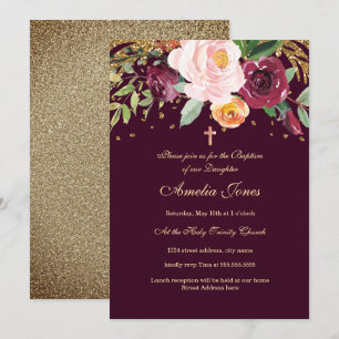 Burgundy Gold Floral Glitzer Taufe Einladung