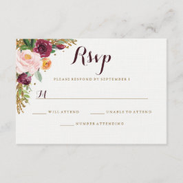 Burgundy Gold Floral Glitzer Wedding RSVP Karte