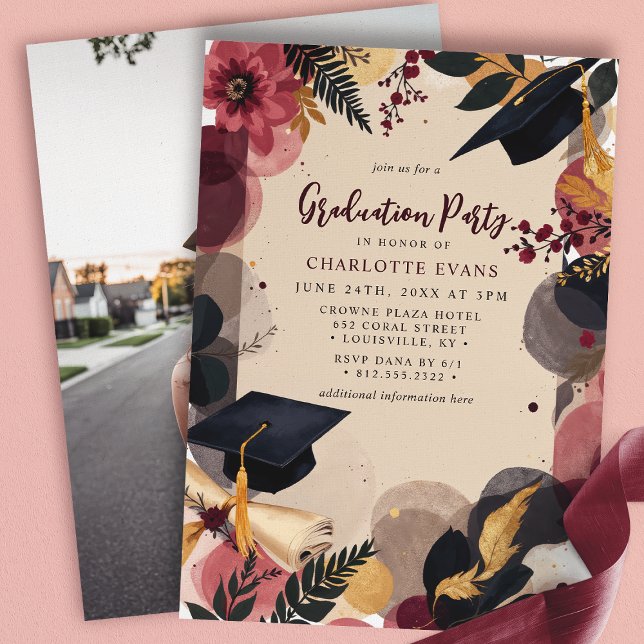 Burgundy Gold Floral Graduation Party Einladung (Von Creator hochgeladen)