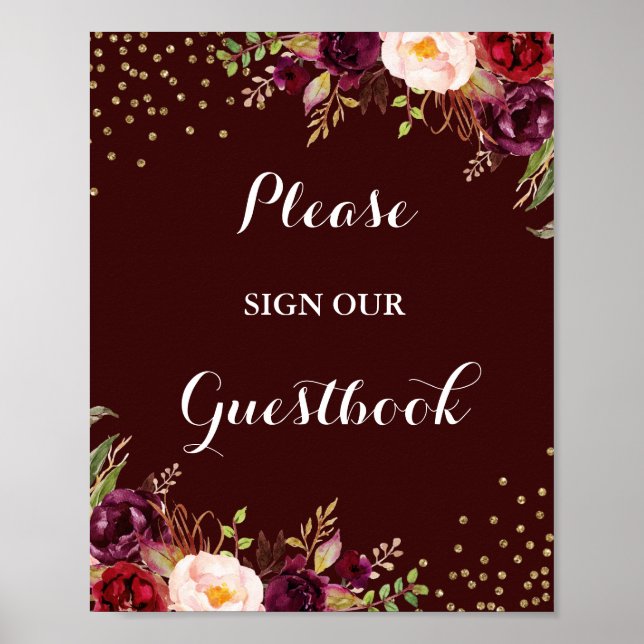 Burgundy Gold Floral Guestbook Wedding Sign Poster (Vorne)