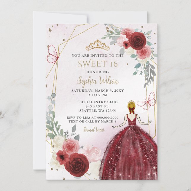 Burgundy Gold Floral Princess Sweet 16 Einladung (Vorderseite)