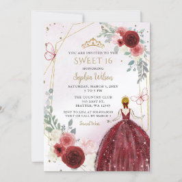 Burgundy Gold Floral Princess Sweet 16 Einladung