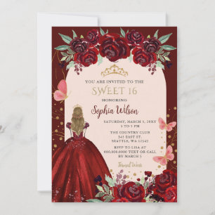Burgundy Gold Floral Princess Sweet 16 Einladung