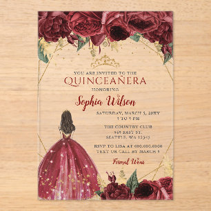 Burgundy Gold Floral Prinzessin Quinceañera Quince Acryleinladungen