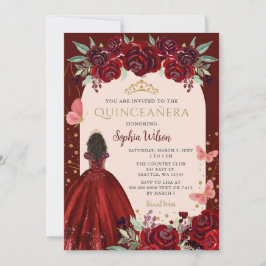 Burgundy Gold Floral Prinzessin Quinceañera Quince Einladung