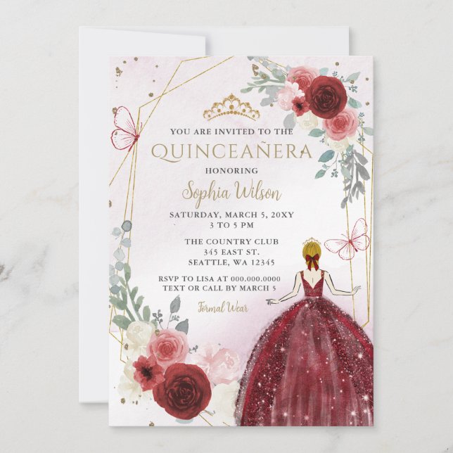 Burgundy Gold Floral Prinzessin Quinceañera Quince Einladung (Vorderseite)