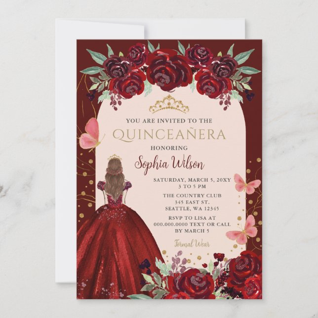 Burgundy Gold Floral Prinzessin Quinceañera Quince Einladung (Vorderseite)