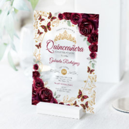 Burgundy Gold Floral Quinceanera Acryleinladungen