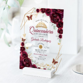 Burgundy Gold Floral Quinceanera Acryleinladungen