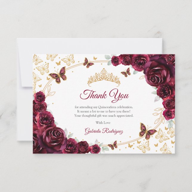 Burgundy Gold Floral Quinceanera Dankeskarte (Vorderseite)