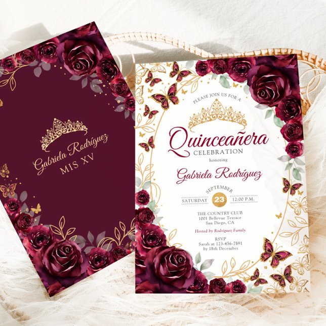 Burgundy Gold Floral Quinceanera Einladung (Von Creator hochgeladen)
