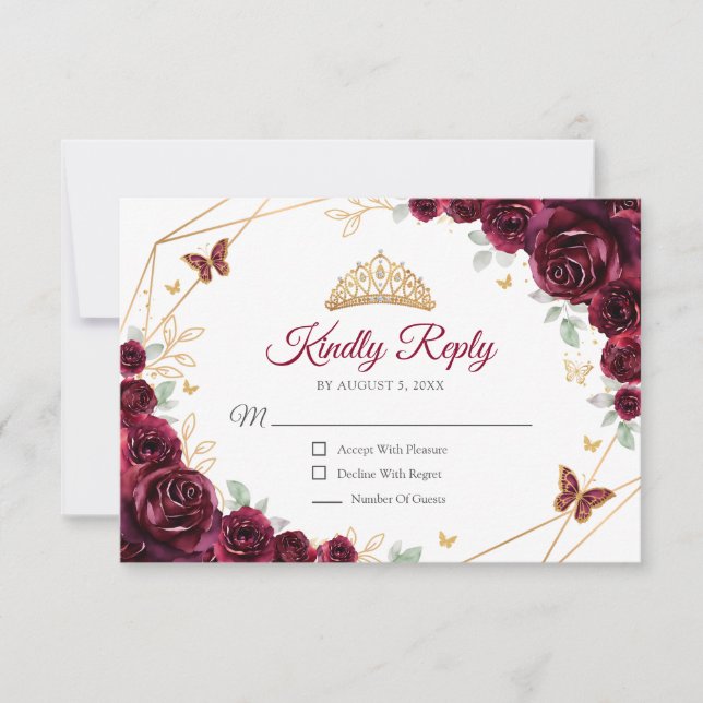 Burgundy Gold Floral Quinceanera Reply RSVP Karte (Vorderseite)