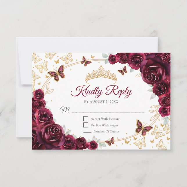 Burgundy Gold Floral Quinceanera Reply RSVP Karte (Vorderseite)