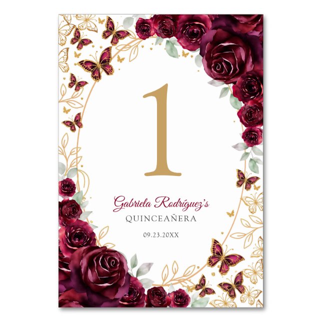 Burgundy Gold Floral Quinceanera Tischnummer (Vorderseite)