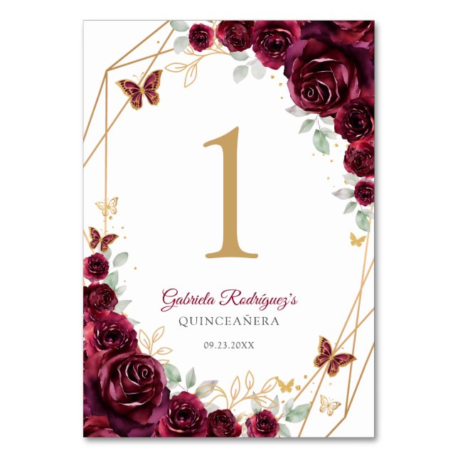 Burgundy Gold Floral Quinceanera Tischnummer (Vorderseite)