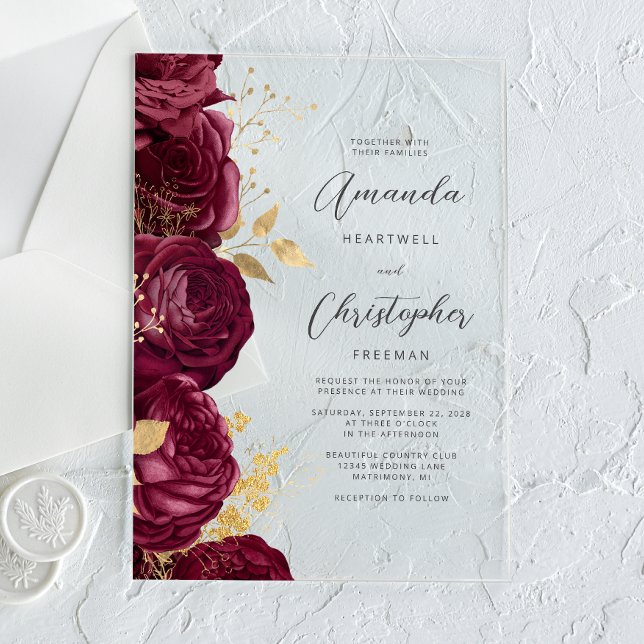 Burgundy Gold Floral Script Wedding Acryleinladungen (Von Creator hochgeladen)