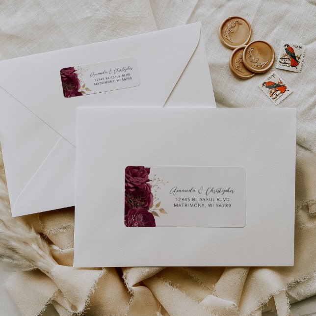 Burgundy Gold Floral Script Wedding Return Address (Von Creator hochgeladen)