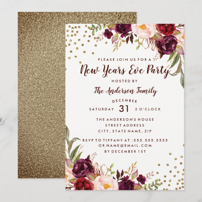 Burgundy Gold Floral Silvester Party laden Einladung (Vorne/Hinten)