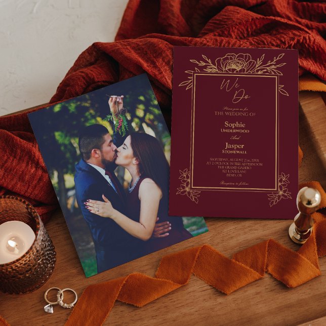 Burgundy Gold Floral Simple We Do Foto Wedding Einladung (Von Creator hochgeladen)