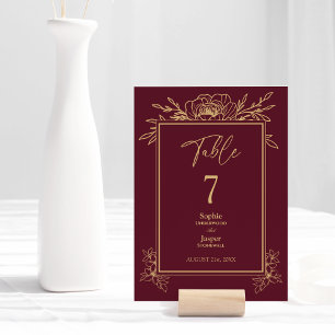 Burgundy Gold Floral Simple Wedding Tischnummer