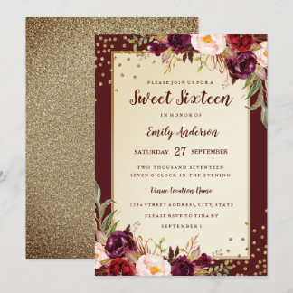 Burgundy Gold Floral Sparkle 16 . Geburtstag Einla Einladung