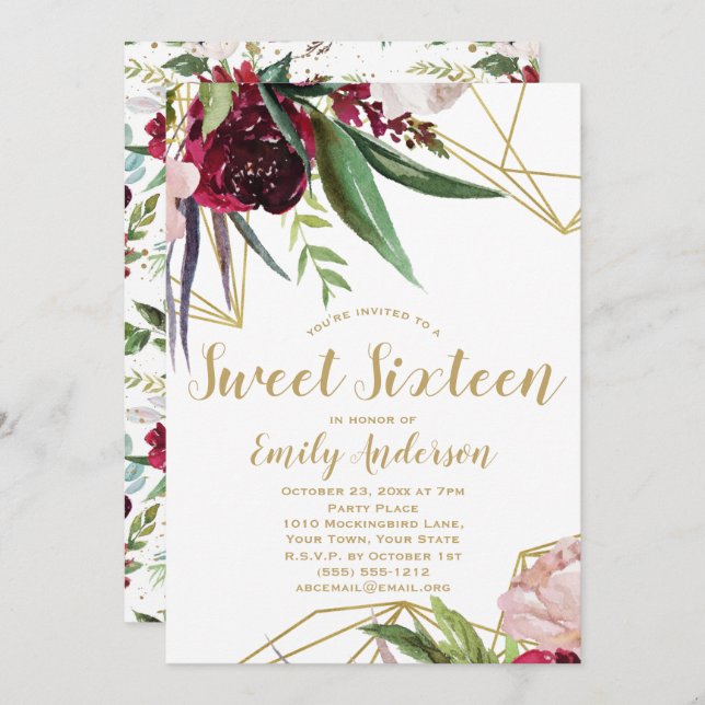 Burgundy Gold Floral Sweet 16 Einladung (Vorne/Hinten)