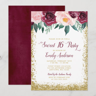 Burgundy Gold Floral Sweet 16 Party Einladung