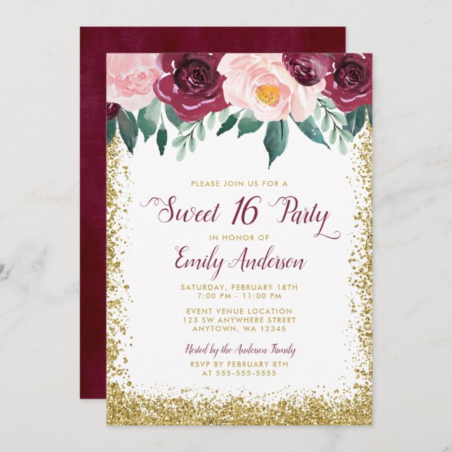 Burgundy Gold Floral Sweet 16 Party Einladung (Vorne/Hinten)