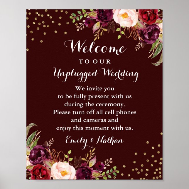 Burgundy Gold Floral Unplugged Wedding Sign Poster (Vorne)