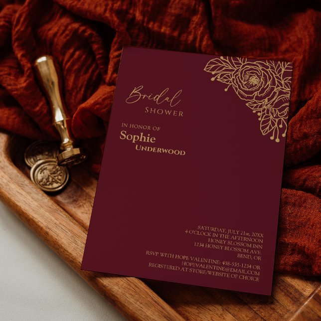 Burgundy Gold Floral Wedding Brautparty Einladung (Von Creator hochgeladen)
