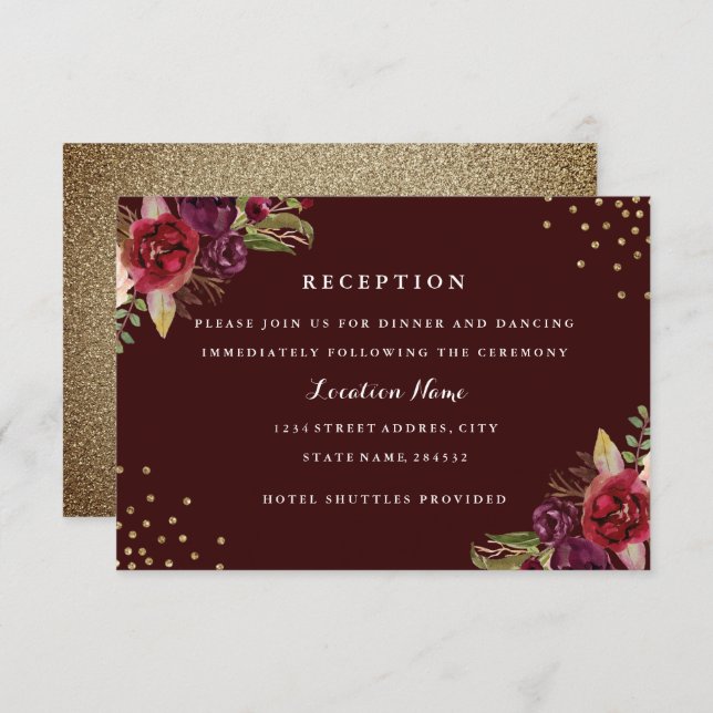 Burgundy Gold Floral Wedding Card Einladung (Vorne/Hinten)