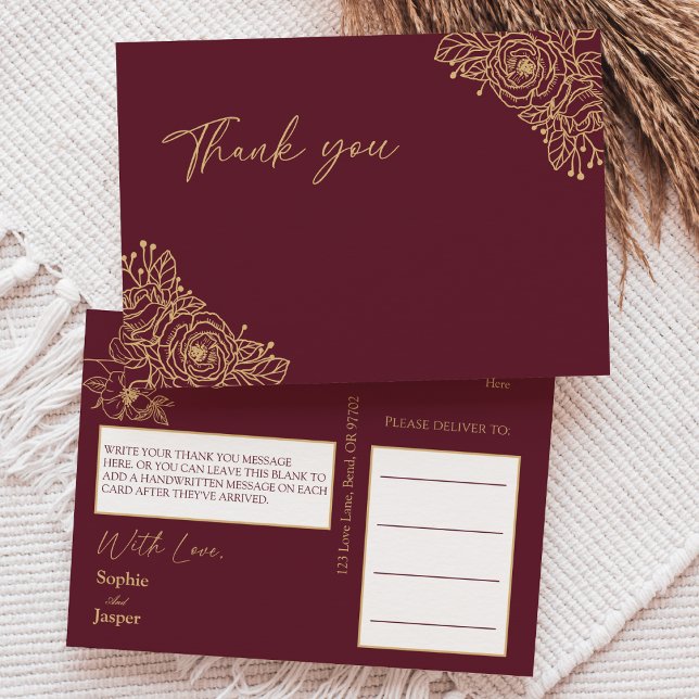 Burgundy Gold Floral Wedding Danke Postcard Postkarte (Von Creator hochgeladen)