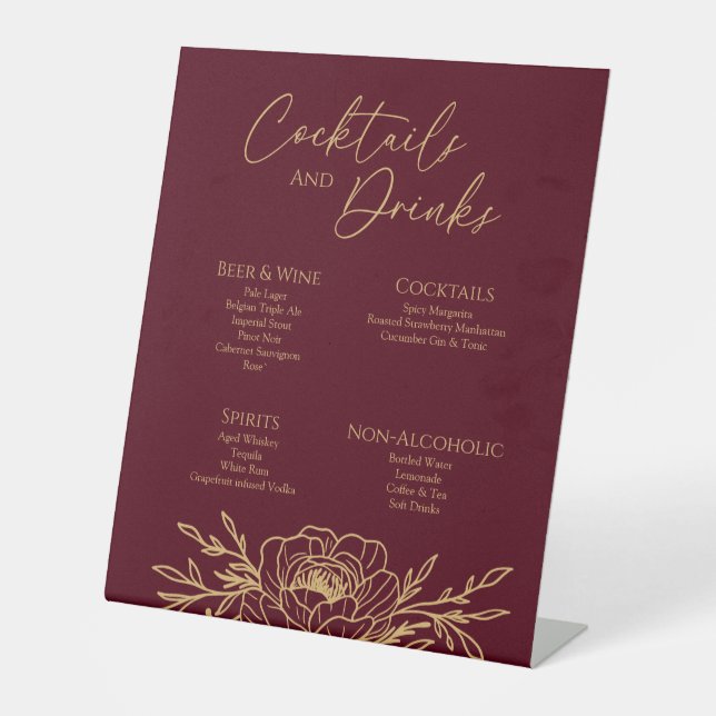 Burgundy Gold Floral Wedding Drinks Bar Sign Sockelschild (Vorderseite)