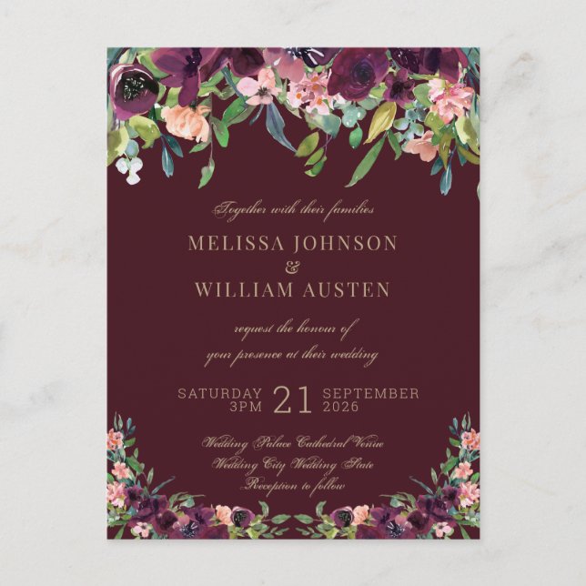 Burgundy Gold Floral Wedding Einladungspostkarte (Vorderseite)