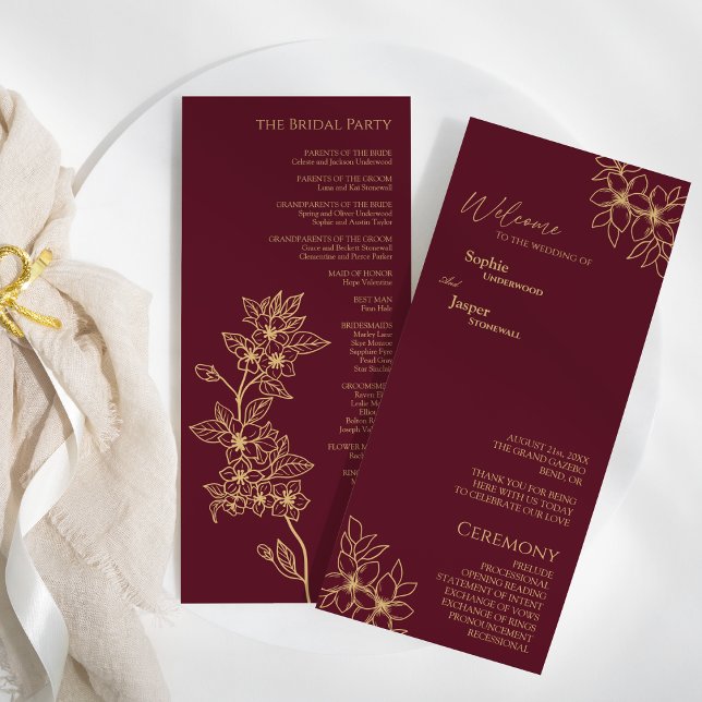 Burgundy Gold Floral Wedding Flat Program Programm (Von Creator hochgeladen)