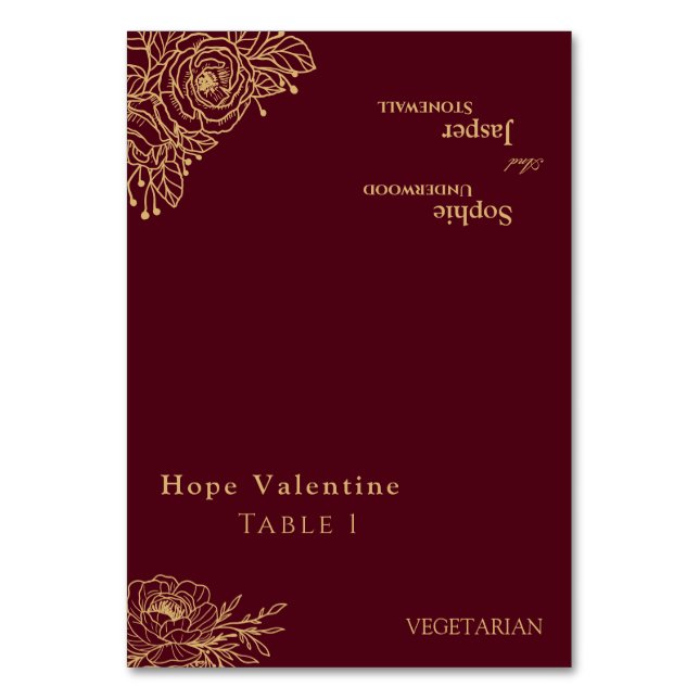 Burgundy Gold Floral Wedding Foldable Platzkarte Tischnummer (Vorderseite)