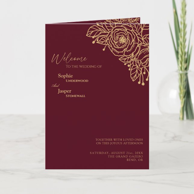 Burgundy Gold Floral Wedding Folding Programm (Vorderseite)
