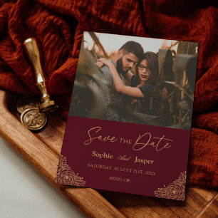 Burgundy Gold Floral Wedding Foto Save the Date