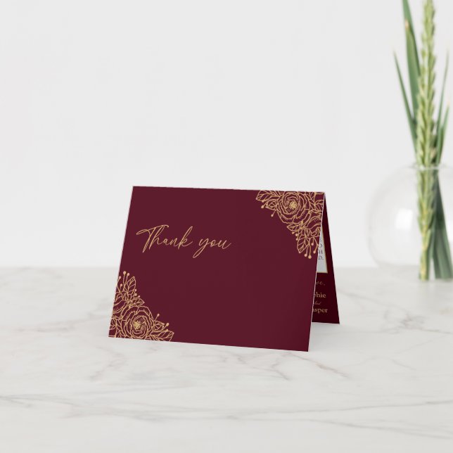 Burgundy Gold Floral Wedding geklappt Danke Karte (Vorderseite)