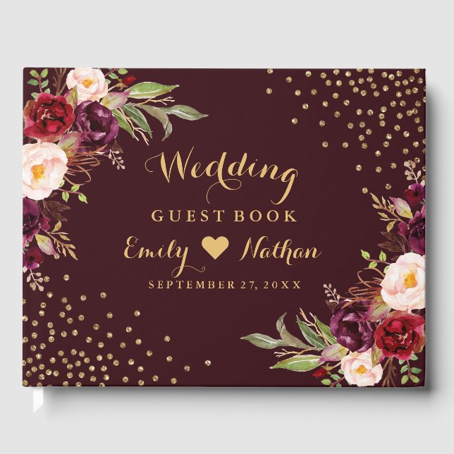 Burgundy Gold Floral Wedding Guest Book Gästebuch (Vorderseite)
