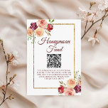 Burgundy Gold Floral Wedding Honeymoon Fund Begleitkarte<br><div class="desc">Elegante bordeauxfarbene Hochzeitsflitterwöchner-Kapitän-Kapitän-Kapitän mit einem wunderschönen Pfirsichfarben-Blume-Bouquet,  der den prächtigen Goldrahmen des Imitats Glitzer schmückt,  der die hübsche Typografie und Ihren individuellen Website QR Code umgibt.</div>